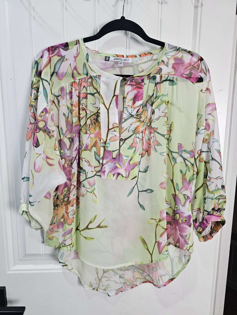 Jennifer Lopez Floral Chiffon 3/4 Balloon Sleeves Blouse Sheer Extra Small